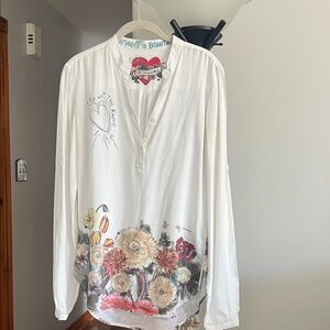 Desigual White Floral-Hem V-Neck Blouse